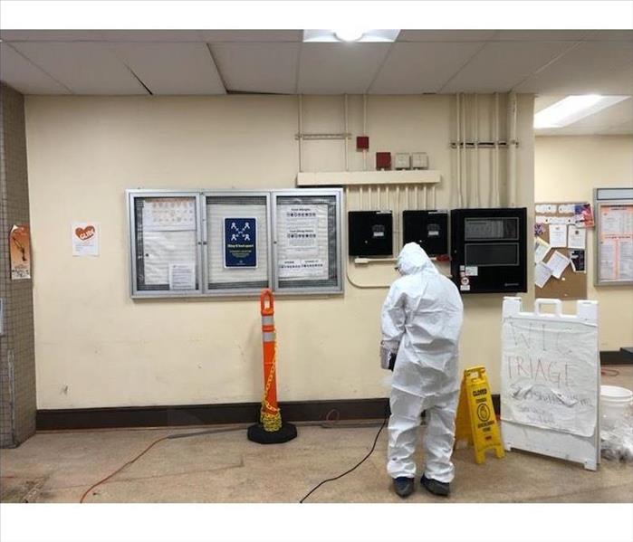 white Tyvek suit tech spraying chemical, in structure